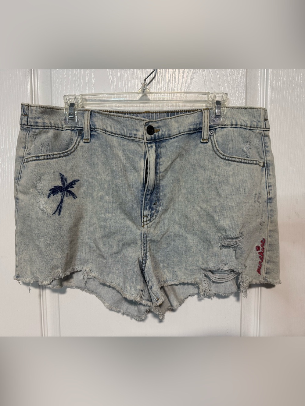 aerie Light Wash Distressed Denim Shorts with Embroidery
